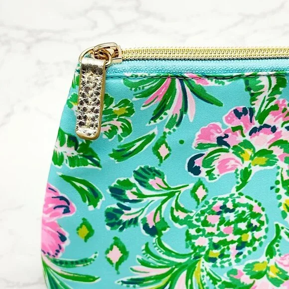 Lilly Pulitzer Cosmetic Bag Surf Blue Oh Diamond Girl Folia Green Pink Floral - Picture 3 of 8